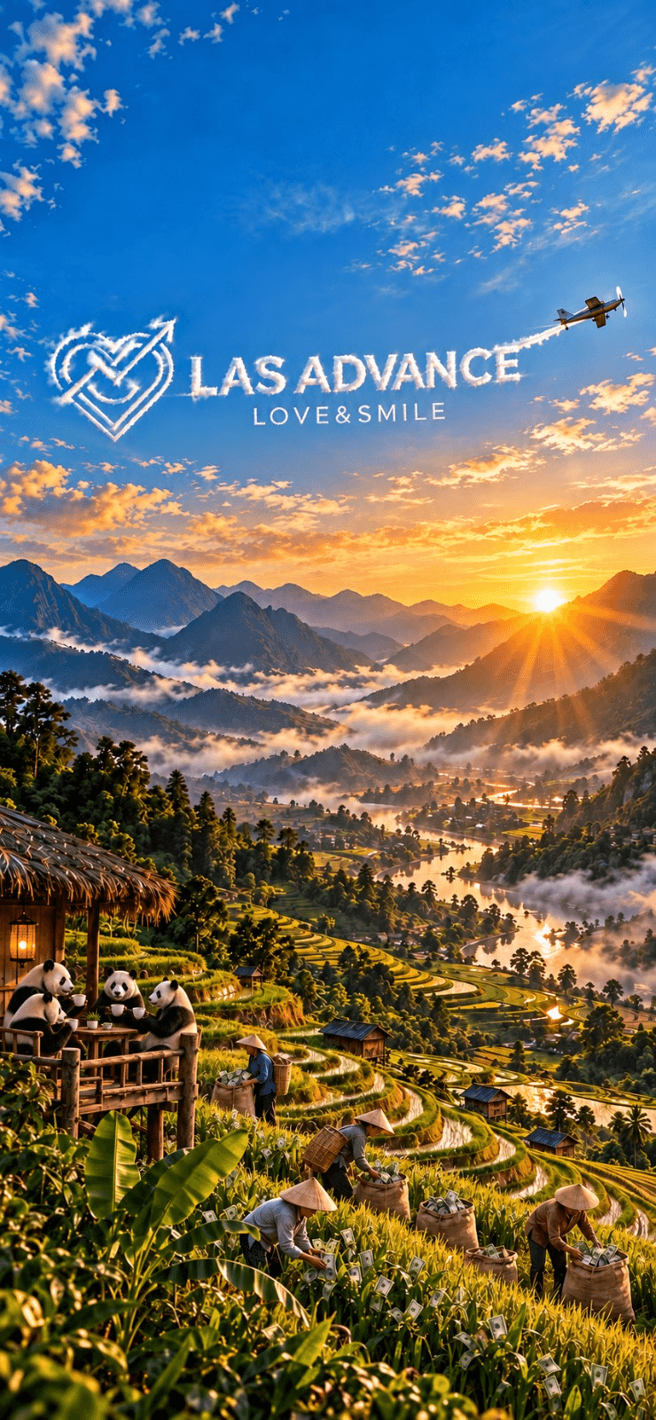 LAS Advance — Love & Smile, written in the sky above a sunlit mountain valley